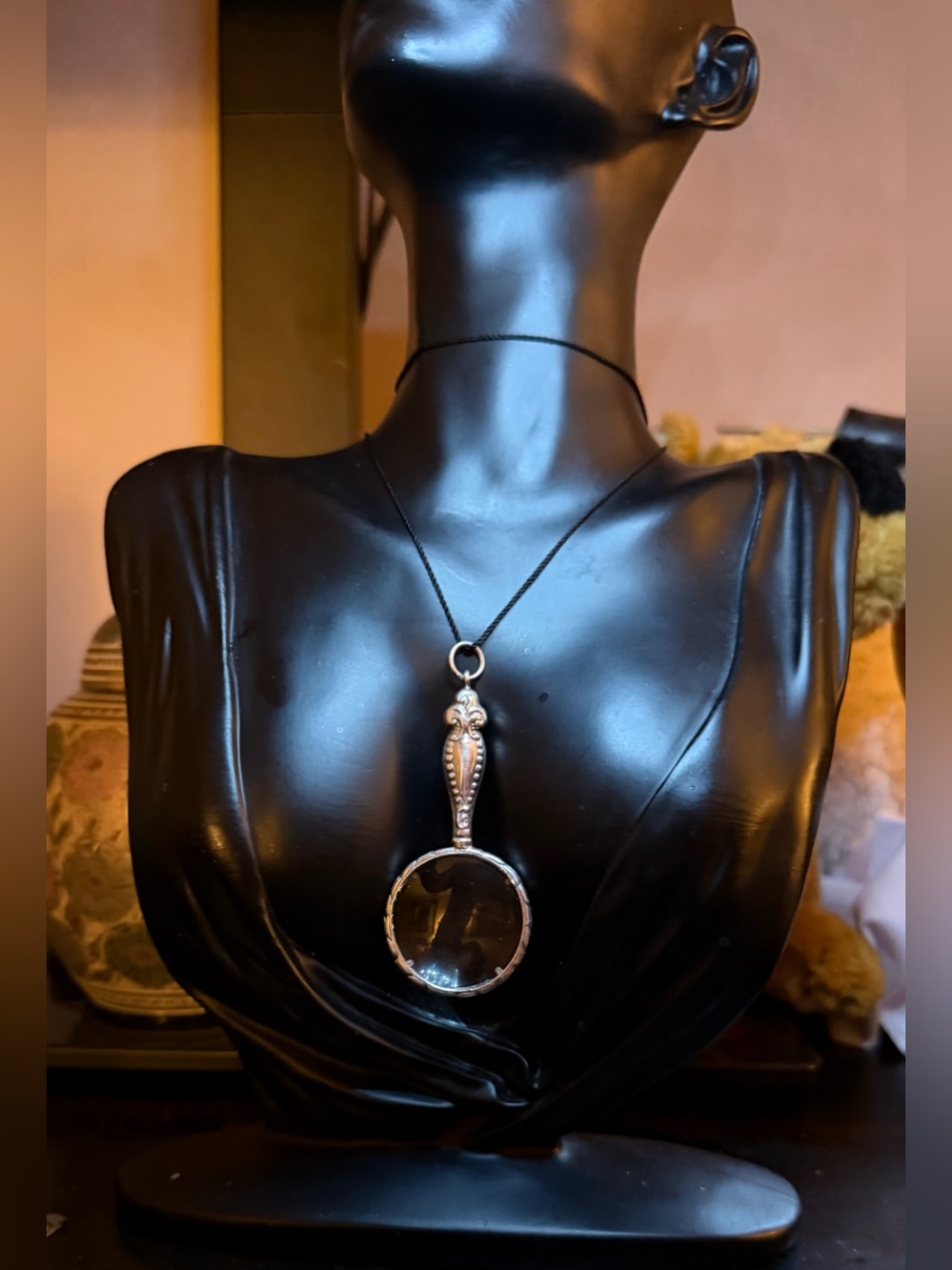 Vintage Magnifying Glass Pendant 3”x 1”Necklace with a Silver and Black Cord